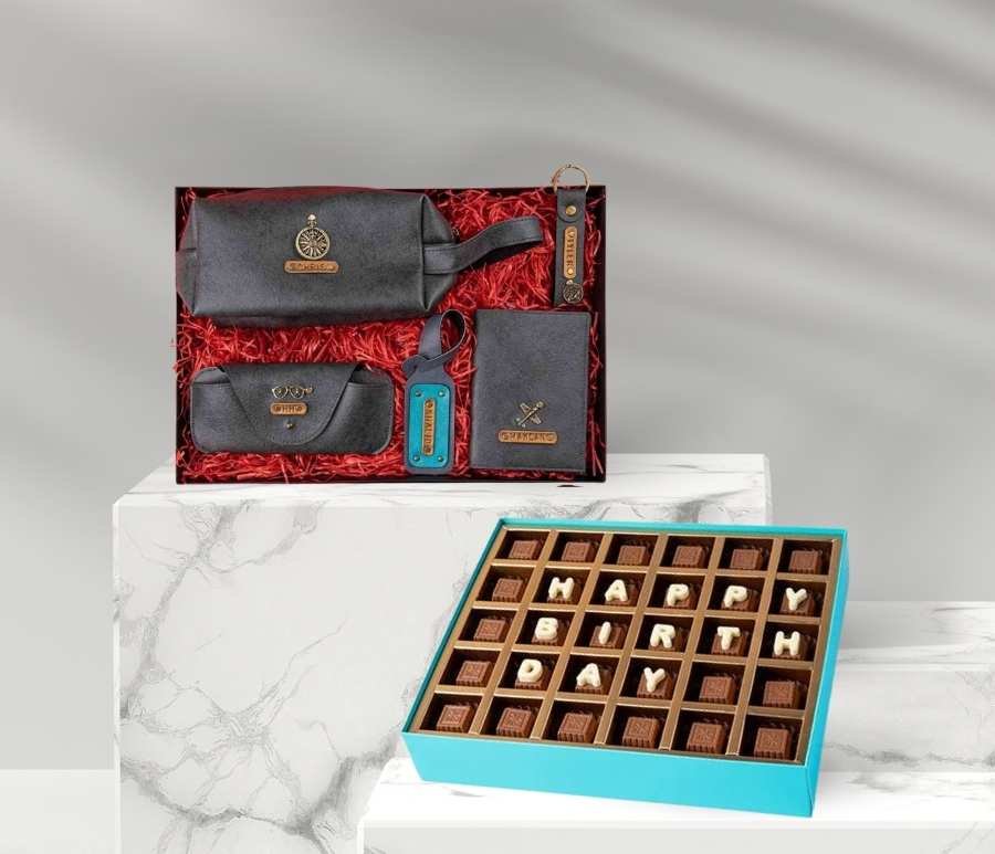 Personalised Birthday Chocolates and Leather Hamper