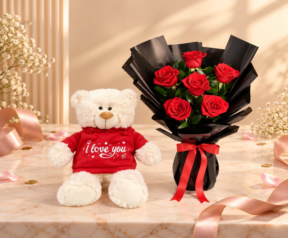 Teddy Bear with 6 Roses