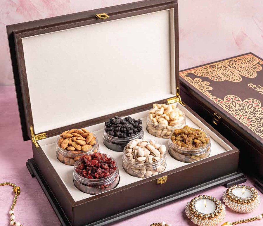 Wooden 6 Jar Nuts Indulgence Box